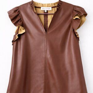 WILA STORY Vegan Leather Ruffle Cap Sleeve Blouse Brown XS